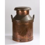 Copper milk churn and cover, with embossed lettering "Daw's Creameries Totnes", the lid with