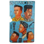 West African hair dresser sign, Ghana, circa 1990, Star Boys, with hair style types, painted onto