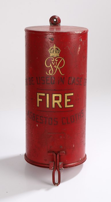 George VI fire blanket case, in red enamel with 'GRVI To be used in case of FIRE asbestos cloth',