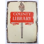 County Library enamel sign, COUNTY LIBRARY with a torch and scroll, 33cm x 46cm