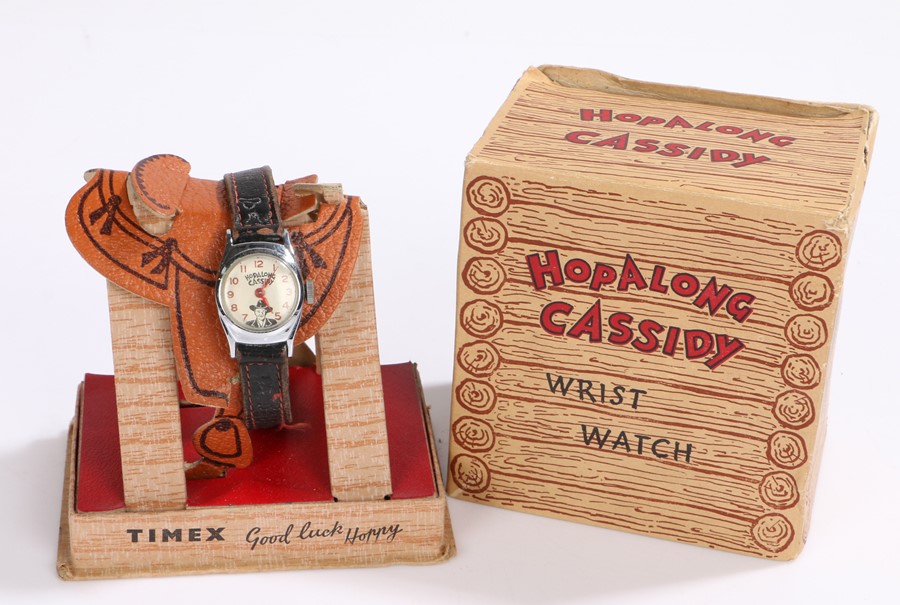 Timex Hopalong Cassidy wristwatch, the white dial with Arabic numerals, manual wound, the case 23.