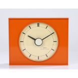 Smiths Sectronic 1960's mantel clock, the white dial with baton markers, housed in an orange plastic