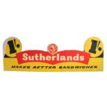 Sutherlands advertising sign, Sutherlands Makes Better Sandwiches, on chip board, 90cm wide.The sign