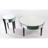 Mirror topped centre table, circular form with a deep mirror frieze on rectangular section legs,