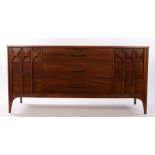 Perspecta by Kent Coffey sideboard, pecan wood, with a rectangular top above three drawers and