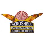 Aeroshell enamel sign, Aeroshell Lubricating Oil Stocked Here, the text to the shaped double sided