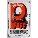 Belgium enamel sign, PFAFF sewing machine sign, a large red P interlocked with a sewing machine,