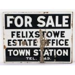 Felixstowe Estate Office enamel sign, FOR SALE FELIXSTOWE ESTATE OFFICE TOWN STATION TEL. 349,