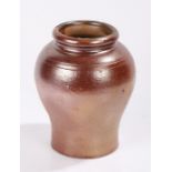 18th Century stoneware shop pot, with bulbous top section,20.5cm high