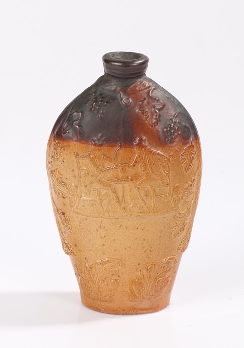 19th Century stoneware reform type flask, with a drinking scene to one side, 14cm high