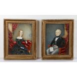 Pair of English 19th Century naïve portraits, of a lady holding a blue book and a gentleman