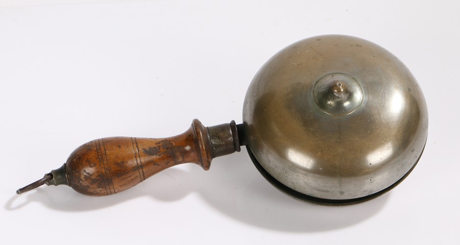 19th Century Hawker's bell or muffin bell, with turned wooden handle and ring finial, 27cm long