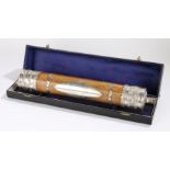 20th Century Indian white metal mounted wooden cylindrical scroll case, " Presented to H.E.