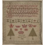 19th Century sampler, of small proportions, with an alphabet in upper and lower cases above Crowns