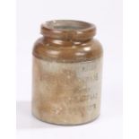 Pottery caviar jar, embossed "FINEST UNPRESSED ASTRACHAN CAVIAR IMPORTED BY CADBURY, PRATT & CO 24