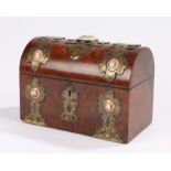 Victorian walnut stationary box, with gilt metal straps set with enamel roundels each displaying a