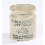 Pottery caviar jar, printed "RT JACKSON & CO. 172 PICCADILLY. BY SPECIAL APPOINTMENT TO H.M. KING