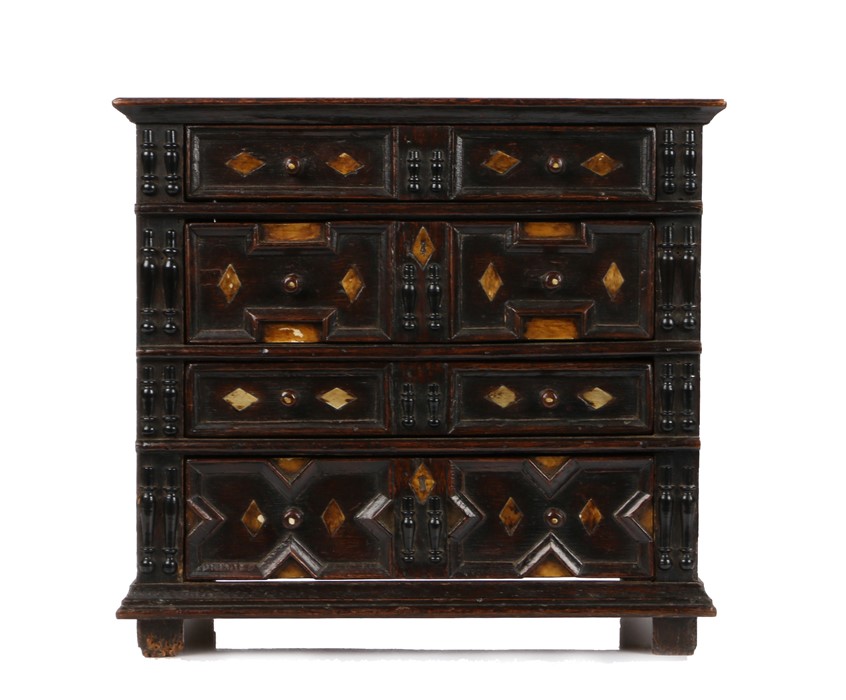 George III oak miniature geometric chest of drawers, in the 17th Century style, the rectangular