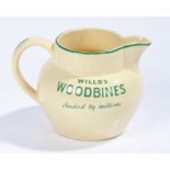 Bovey Pottery England pub water jug, with advertising slogan "WILLS'S WOODBINES SMOKED BY MILLIONS",