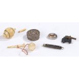 19th Century miniature objects, to include a cannon and carriage, a penknife, a ball and stick, a