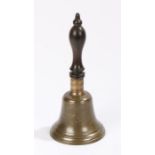 Brass school bell with turned wooden handle, 25cm high