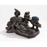 Unusual 19th Century Indian carved work stand, carved with a frog to the lidded compartment, a