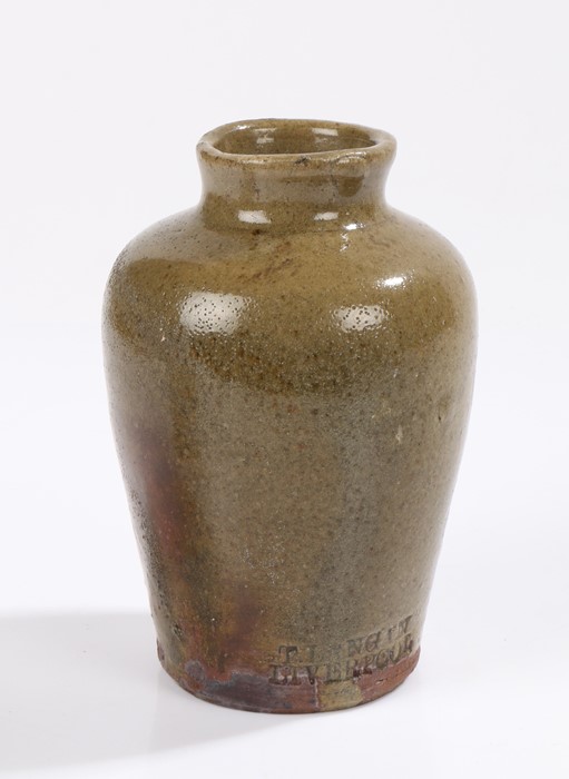 18th Century Liverpool stoneware jar, embossed to body "T LANGAN LIVERPOOL", 15.5cm high