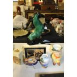 Porcelain to include Blue Mountain style rearing horse, Noritake dressing table pot and cover,