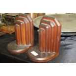 Pair of Art Deco style oak bookends, with stepped chamfered decoration, 17cm high