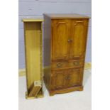 Yew wood drinks cabinet, with four simulated panelled cupboard doors, pine open cd cabinet (2)