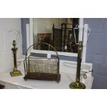 Brass magazine rack, two brass reading lamps (3)