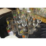 Glasses with fruit decoration, consisting of eleven flutes and six tumblers (qty)