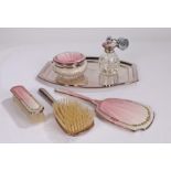 Silver plated dressing table set, with puce and foliate decoration, comprising hairbrush, clothes