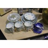 Two Foley china blue and white teacups and saucers, porcelain part tea service, decorated with