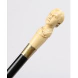 19th Century ivory cane, carved with the bust of a man above a tapering black ebonised cane, 92cm