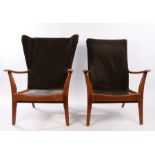 Pair of Pirelli armchairs, the teak chairs with angled arms and arched legs and Pirelli rubber
