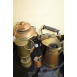 Copper, brass and metal ware, to include brass miners lamp, copper and brass jug, copper lantern,