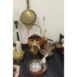 Brass warming pan with turned wooden handle, copper and brass coal helmet, brass chestnut roaster,
