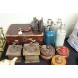 Works of art to include vanity case, French blue glass soda syphon, three painted wooden pots and
