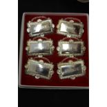 Set of six plated decanter labels, sherry, whisky rum, port, gin, brandy, in original box