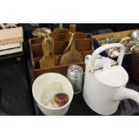 Kitchenalia to include jelly mould, butter pats, wooden scoop, letter rack, enamel watering can,