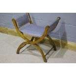 Early 20th Century folding stool, the walnut folding frame with an upholstered seat, with a patent