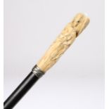 Japanese Meiji period ivory cane, the grip carved with an eagle above a branch, 91cm long