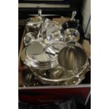 Silver plated ware to include two tureens and covers, trophy cups, strawberry jam and honey preserve