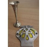 Silver spill vase, marks rubbed, of tapering form with loaded domed base, AA car badge (2)