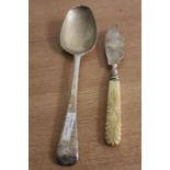 George III silver dessert spoon, William IV silver fish knife with carved bone handle, gross