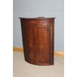 George III oak corner cabinet, with a concave cornice and bow front doors with central inlay
