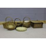 Collection of baskets, various sizes and styles, wooden trunk with metal mounts (qty)