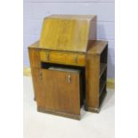 1930's walnut veneered bureau, the fall opening to reveal a tooled leatherette writing surface and