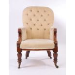 Victorian mahogany armchair, with cream upholstered button back, scrolled arms, on reeded turned
